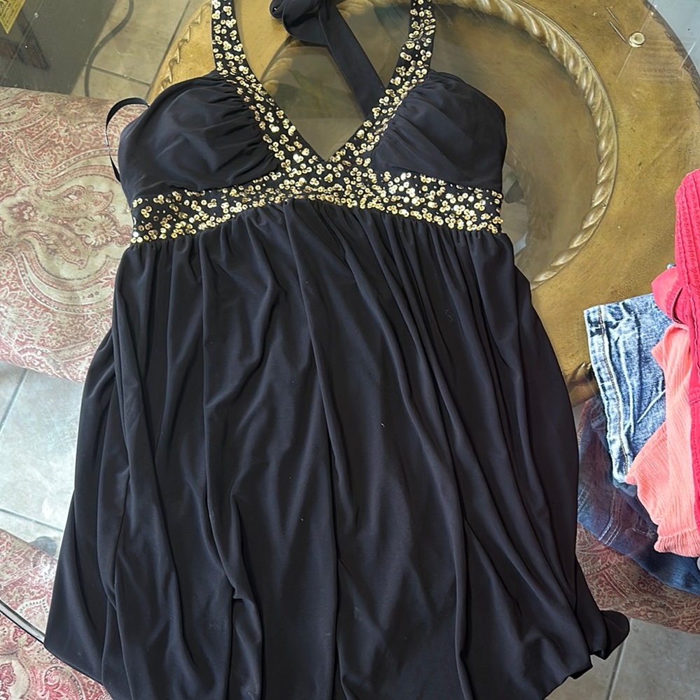 Black Halter Dress with Gold Accents
